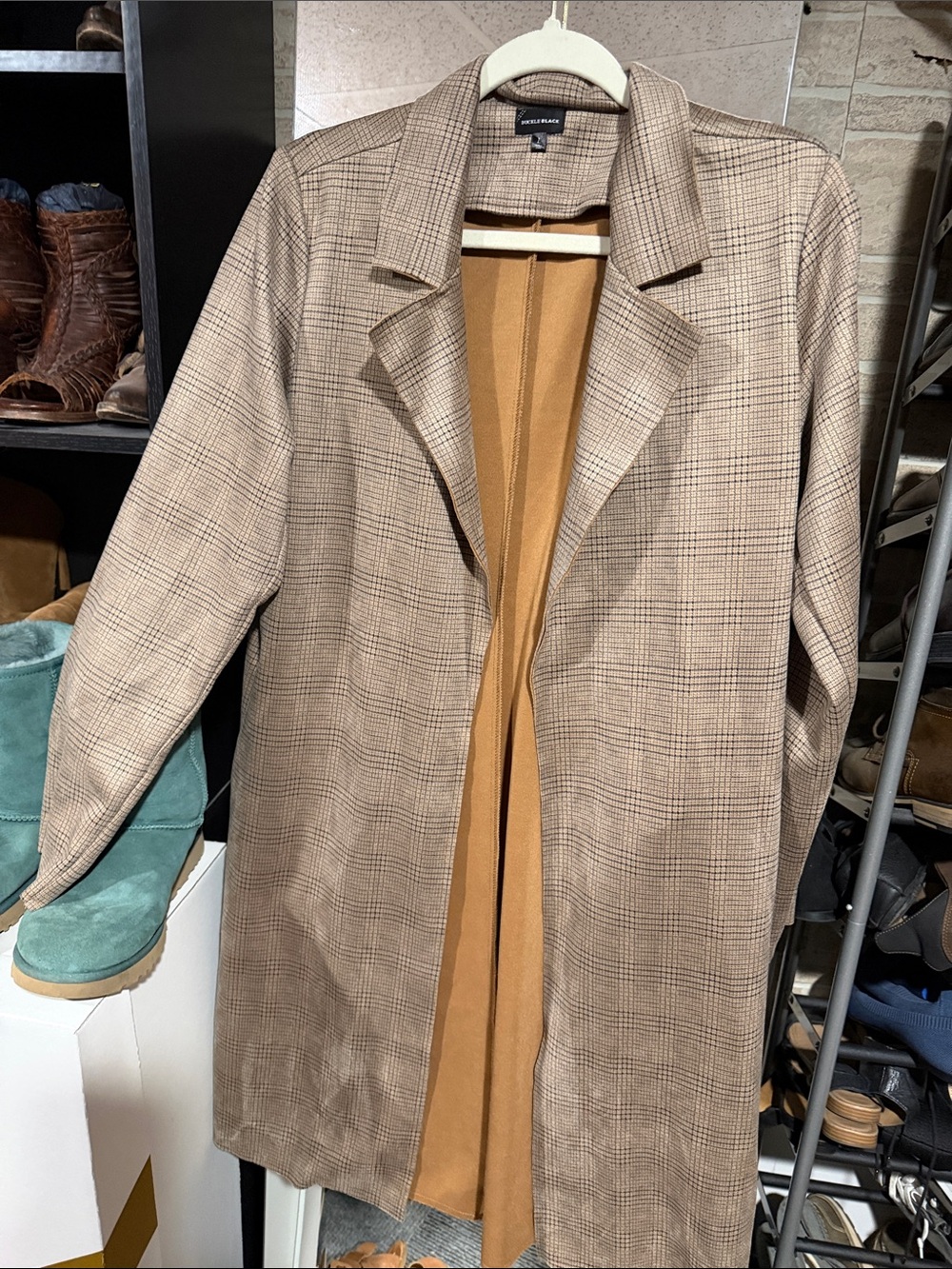 Buckle Plaid Trench Coat in Tan with Camel Lining